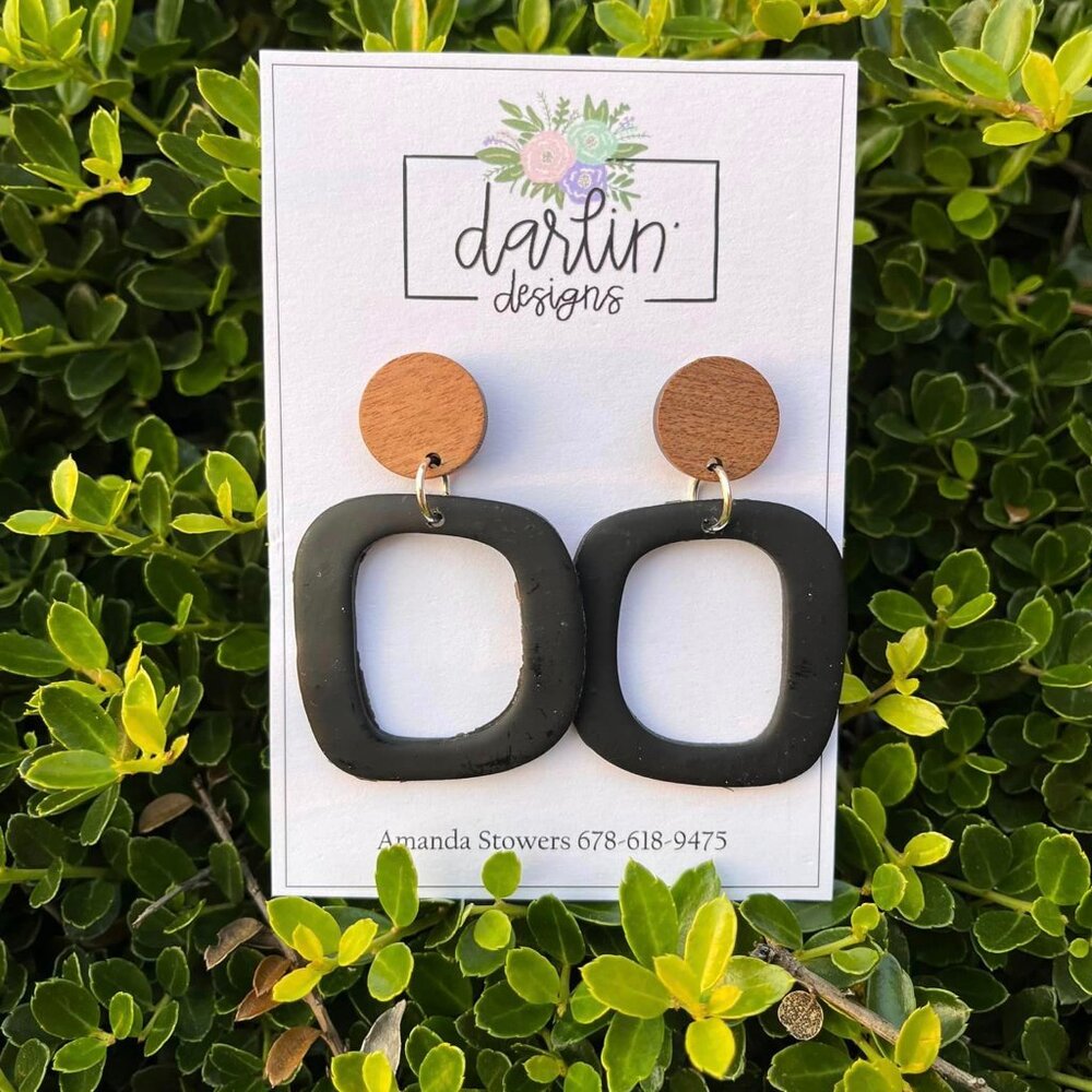 Handmade Clay Earrings Black with Open Center Dangle Earrings